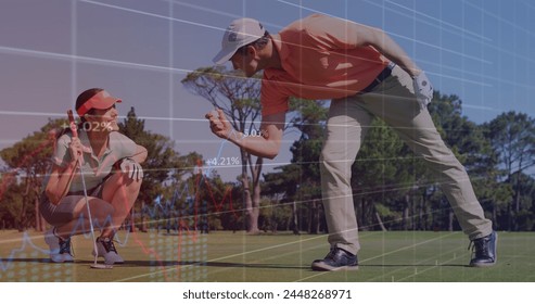 Image of data processing over caucasian golf players. Global sport and digital interface concept digitally generated image. - Powered by Shutterstock - Get 15% off with code: PIKWIZARD15