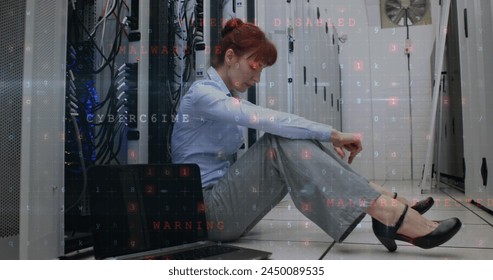 Image of data processing over caucasian female worker in server room. Global technology and digital interface concept digitally generated image.