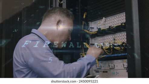 Image of data processing over caucasian male worker in server room. Global technology and digital interface concept digitally generated image. - Powered by Shutterstock - Get 15% off with code: PIKWIZARD15