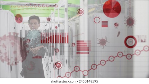 Image of data processing over caucasian male worker in server room. Global technology and digital interface concept digitally generated image.