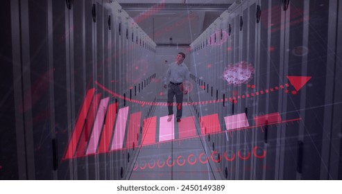 Image of data processing over caucasian male worker in server room. Global technology and digital interface concept digitally generated image.