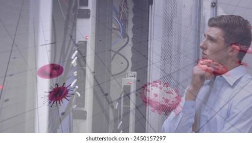Image of data processing over caucasian male worker in server room. Global technology and digital interface concept digitally generated image.