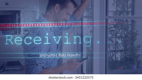 Image of data processing over caucasian businessman using smartphone. Global technology, computing and digital interface concept digitally generated image.