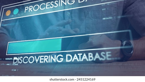 Image of data processing over caucasian businessman using smartphone. Global technology, computing and digital interface concept digitally generated image.