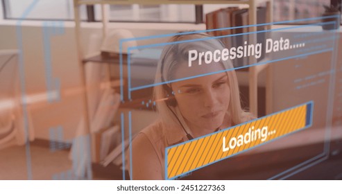 Image of data processing over caucasian businesswoman using phone headset. Global technology, computing and digital interface concept digitally generated image. - Powered by Shutterstock - Get 15% off with code: PIKWIZARD15