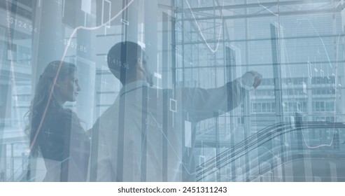 Image of data processing over caucasian business people talking. global business, finances, connections and digital interface concept digitally generated image.