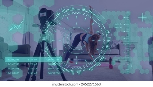 Image of data processing over caucasian woman exercising, recording fitness vlog. Global online vlogging, fitness, digital interface and connections concept digitally generated image. - Powered by Shutterstock - Get 15% off with code: PIKWIZARD15