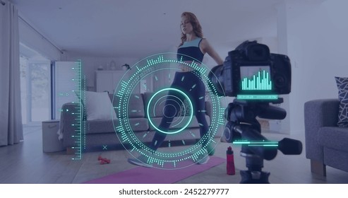 Image of data processing over caucasian woman exercising, recording fitness vlog. Global online vlogging, fitness, digital interface and connections concept digitally generated image. - Powered by Shutterstock - Get 15% off with code: PIKWIZARD15