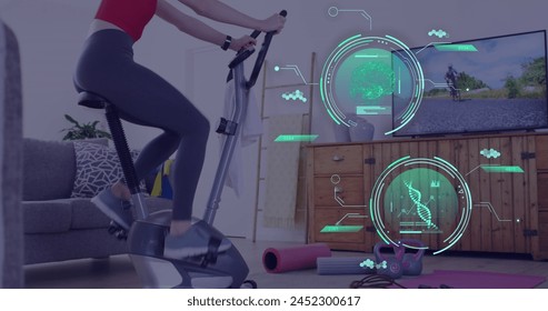 Image of data processing over caucasian woman exercising, using stationary bike at home. Global fitness, digital interface and connections concept digitally generated image.
