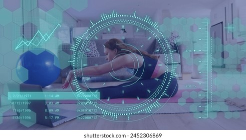 Image of data processing over caucasian woman exercising, using laptop. Global online vlogging, fitness, digital interface and connections concept digitally generated image. - Powered by Shutterstock - Get 15% off with code: PIKWIZARD15