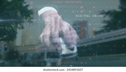 Image of data processing over caucasian hacker. global digital security and identity, digital interface and data processing concept digitally generated image.