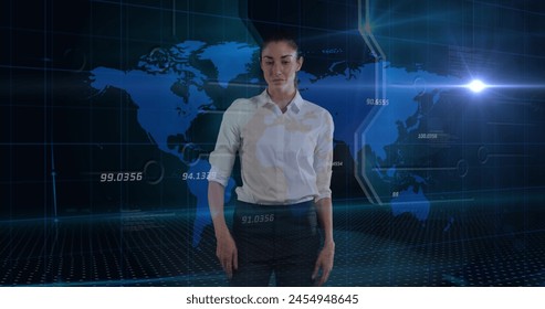 Image of data processing over caucasian female doctor. Global science technology connections and data processing concept digitally generated image.