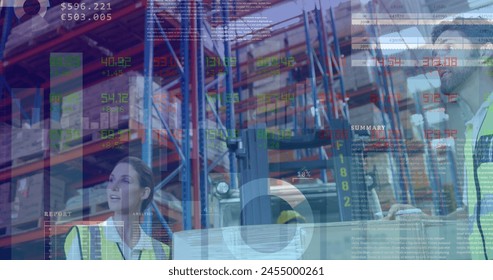 Image of data processing over caucasian workers in warehouse. Global business and digital interface concept digitally generated image.