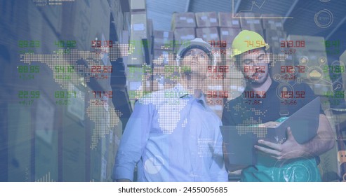 Image of data processing over caucasian male workers in warehouse. Global business and digital interface concept digitally generated image.