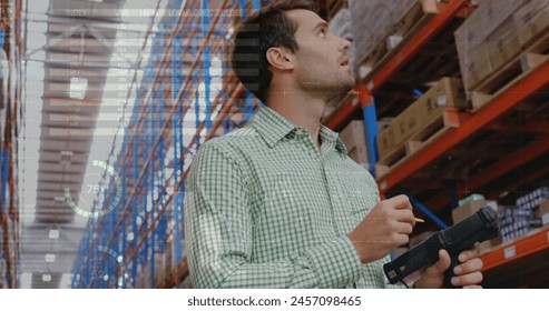 Image of data processing over caucasian warehouse worker. Global bussines , connections, data processing and digital interface concept digitally generated image.