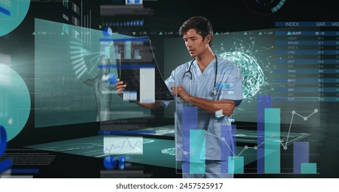Image of data processing over caucasian male doctor with xray. global medicine and digital interface concept digitally generated image.