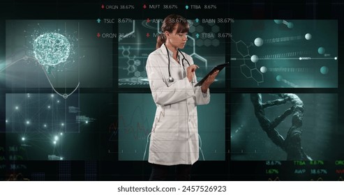 Image of data processing over caucasian female doctor with tablet. global medicine and digital interface concept digitally generated image.