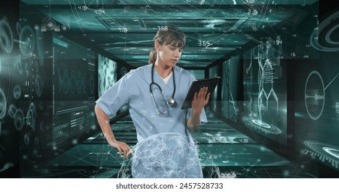 Image of data processing over caucasian female doctor with tablet. global medicine and digital interface concept digitally generated image.