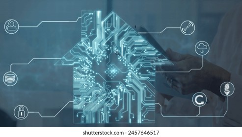 Image of data processing over caucasian woman with tablet. Global medicine and digital interface concept digitally generated image.