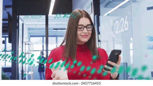 Image of data processing over caucasian businesswoman with smartphone. Global business and digital interface concept digitally generated image.