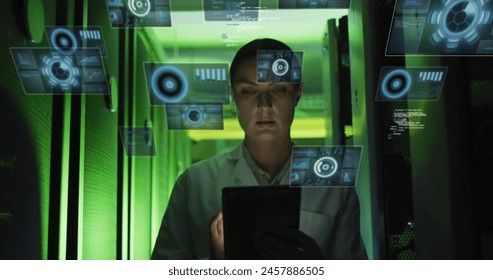 Image of data processing over caucasian businesswoman by computer servers. Global computing, digital interface and data processing concept digitally generated image.