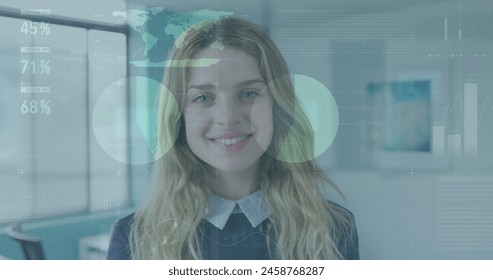 Image of data processing over caucasian businesswoman in office. Global business and digital interface concept digitally generated image.