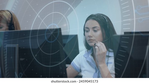 Image of data processing over caucasian woman talking on phone headset at office. Business data and analytics technology concept