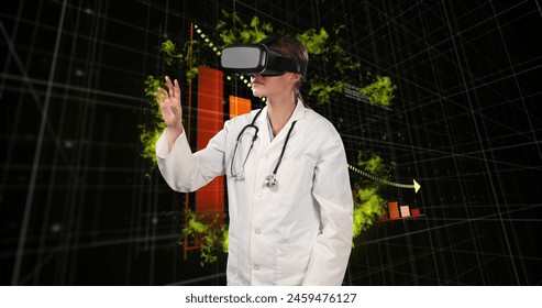 Image of data processing over caucasian female doctor using vr headset. Global medicine and digital interface concept digitally generated image.
