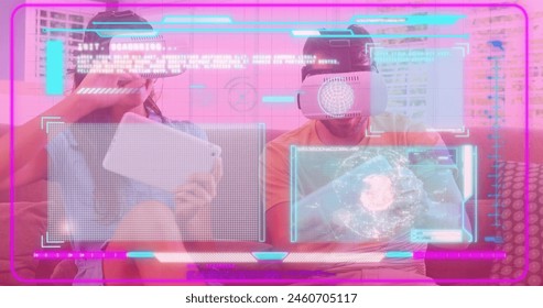 Image of data processing over caucasian couple with vr headsets. global technology and digital interface concept digitally generated image.
