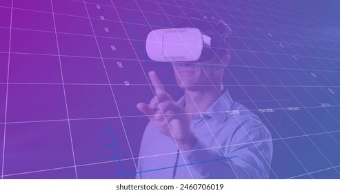 Image of data processing over caucasian man with vr headset. global technology and digital interface concept digitally generated image.
