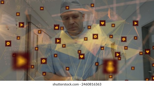 Image of data processing over caucasian male doctor walking. Global medicine and digital interface concept digitally generated image.
