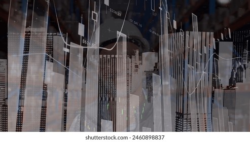 Image of data processing over caucasian male worker in warehouse. Global business and digital interface concept digitally generated image.