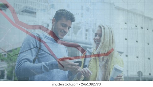 Image of data processing over caucasian couple using smarphone. Global business, computing, digital interface and data processing concept digitally generated image. - Powered by Shutterstock