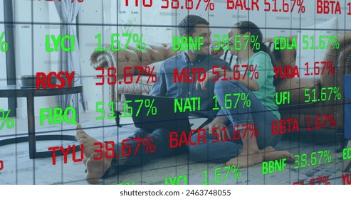 Image of data processing over caucasian couple using laptop. Global business and digital interface concept digitally generated image.