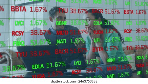 Image of data processing over caucasian couple using laptop. Global business and digital interface concept digitally generated image.