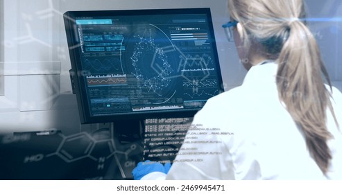 Image of data processing over caucasian senior female scientist using computer at laboratory. Medical research and science technology concept