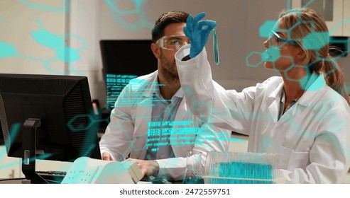 Image of data processing over caucasian male and female scientist in laboratory. Global medicine, science, computing and data processing concept digitally generated image.