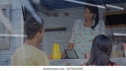 Image of data processing over caucasian man paying with smartphone. Global connections, cloud computing and data processing concept digitally generated image.