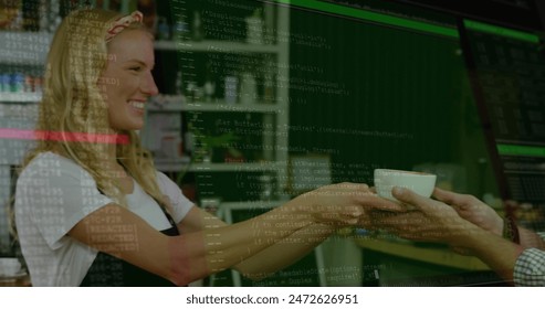 Image of data processing over caucasian female barrista with coffee. Global connections, cloud computing and data processing concept digitally generated image.