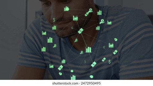 Image of data processing over caucasian businessman using smartphone. Global business and digital interface concept digitally generated image.