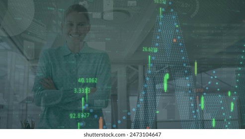 Image of data processing over caucasian businesswoman. Global business and digital interface concept digitally generated image.