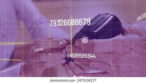 Image of data processing over caucasian woman paying with terminal. global business and digital interface concept digitally generated image. - Powered by Shutterstock - Get 15% off with code: PIKWIZARD15