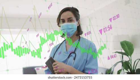 Image of data processing over caucasian female doctor using tablet. Global medicine, healthcare and digital interface concept digitally generated image