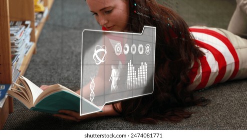 Image of data processing over caucasian female student reading. Global education and digital interface concept digitally generated image.