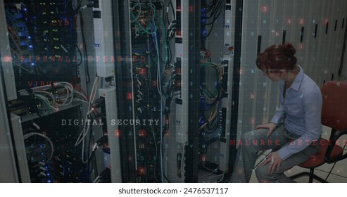 Image of data processing over caucasian female worker in server room. global business and digital interface concept digitally generated image. - Powered by Shutterstock - Get 15% off with code: PIKWIZARD15
