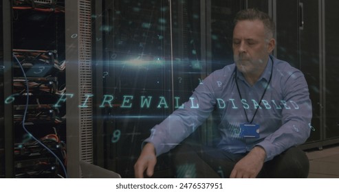 Image of data processing over caucasian male worker in server room. global business and digital interface concept digitally generated image.