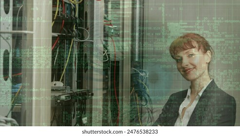 Image of data processing over caucasian female worker in server room. global business and digital interface concept digitally generated image.