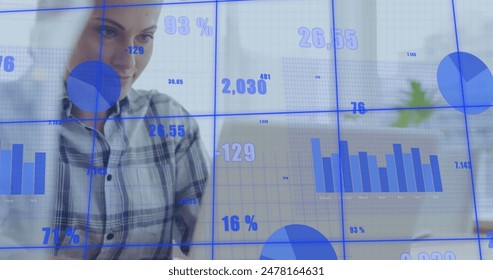 Image of data processing over caucasian businesswoman using laptop in office. Global business, finances, computing and data processing concept digitally generated image. - Powered by Shutterstock - Get 15% off with code: PIKWIZARD15