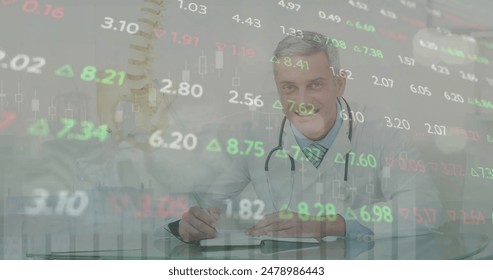Image of data processing over caucasian male doctor. Global medicine, connections, computing and data processing concept digitally generated image.