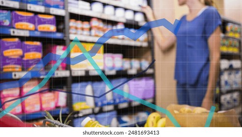 Image of data processing over caucasian woman with trolley in shop. global business, shopping and digital interface concept digitally generated image.